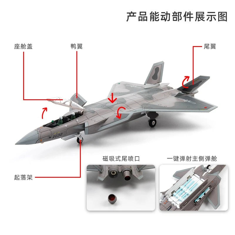 Chinese J-20S Stealth Fighter Airplane 1/72 Diecast Model Deluxe Edition w/ Base 07FC0E-D4 - KOEEK