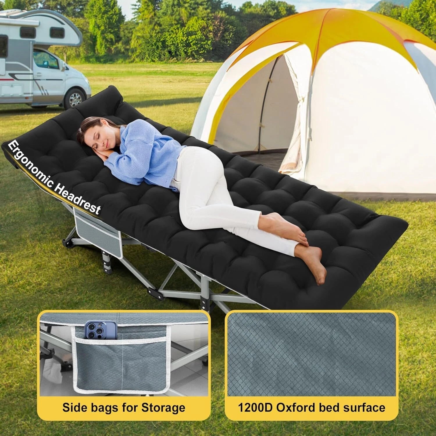 Black folding camp bed with mattress, 800 lb. maximum load capacity 07FC0E-D4 - KOEEK