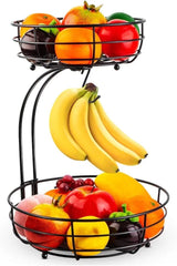 Iron 2-Tier Countertop Fruit Vegetables Basket Bowl Storage With Banana Hanger 07FC0E-D4 - KOEEK
