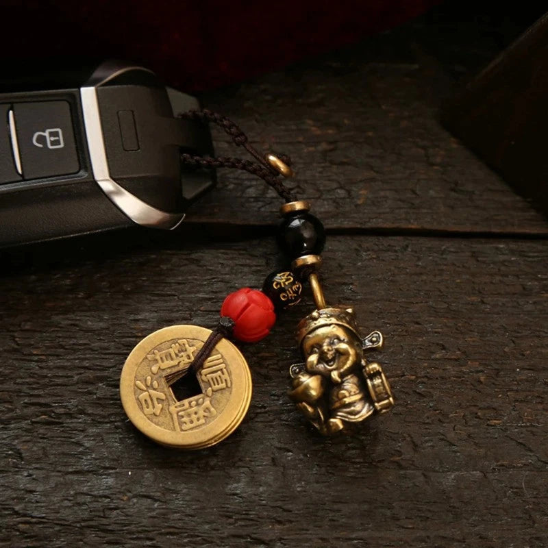 Vintage Brass Wealth God Keychain Amulet Handmade Braided Rope  Pendant 07FC0E-D4 - KOEEK