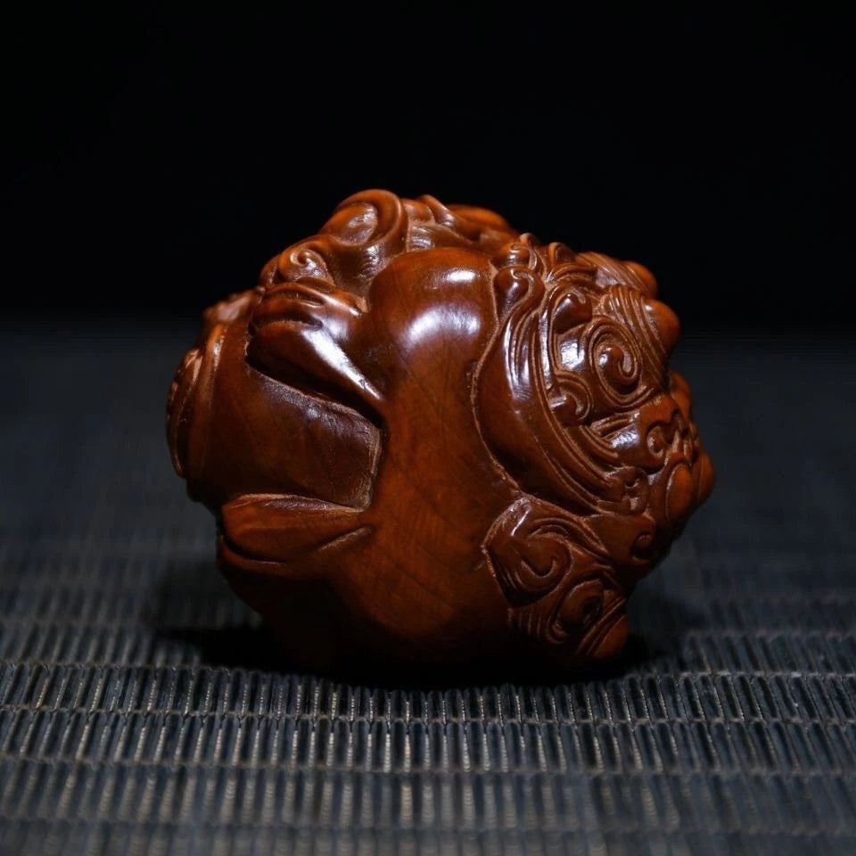 Boxwood Wood Carved Pixiu Holding Ball 6cm Handheld Worry Piece Car Pendant 07FC0E-D4 - KOEEK