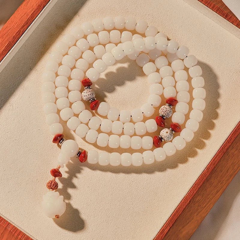 White Jade Bodhi Root 108 Bodhi Beads Rosary Beads Buddha Beads Bracelet 07FC0E-D4 - KOEEK