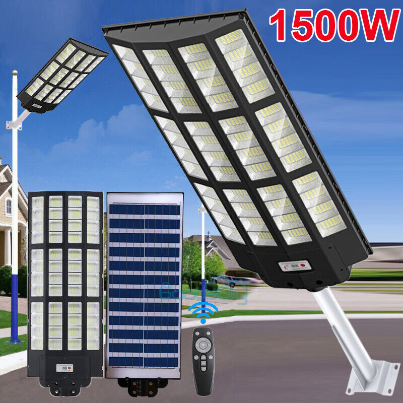 ny utendørs kommersiell 1500W LED Solar Street Light IP67 Dusk-to-Dawn veilampe + stang