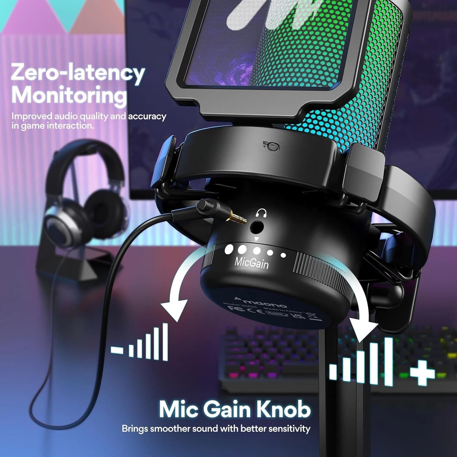 Computer Gaming Microphone with RGB Lights, Mute, Noise Canceling Microphone 07FC0E-D4 - KOEEK