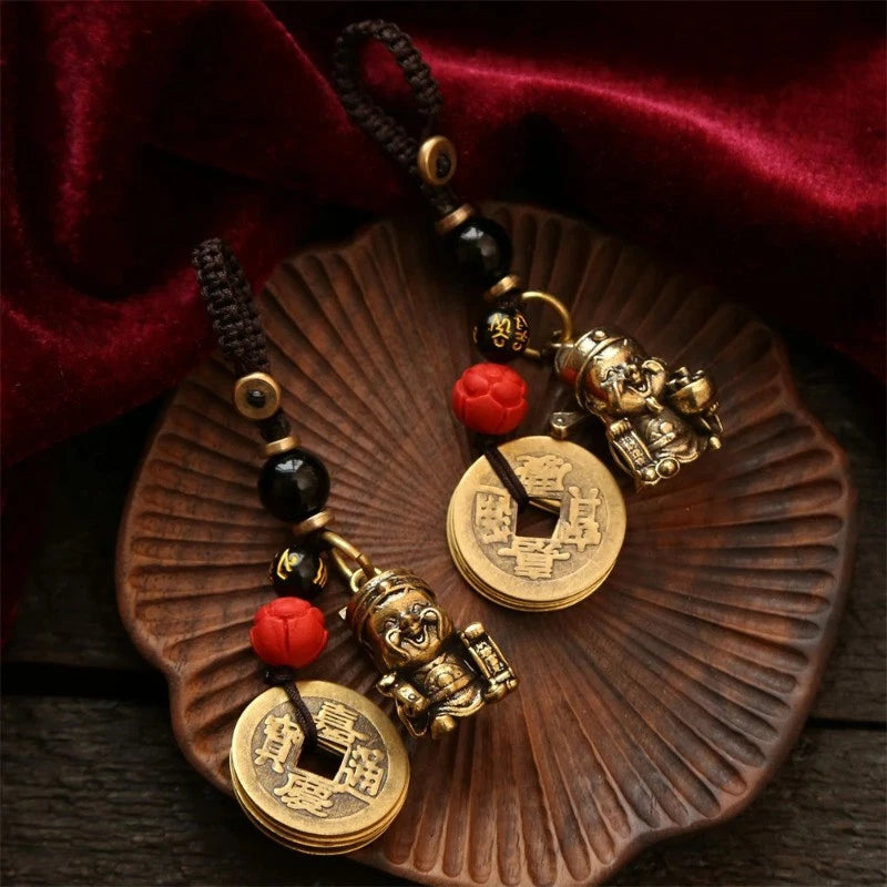 Vintage Brass Wealth God Keychain Amulet Handmade Braided Rope  Pendant 07FC0E-D4 - KOEEK