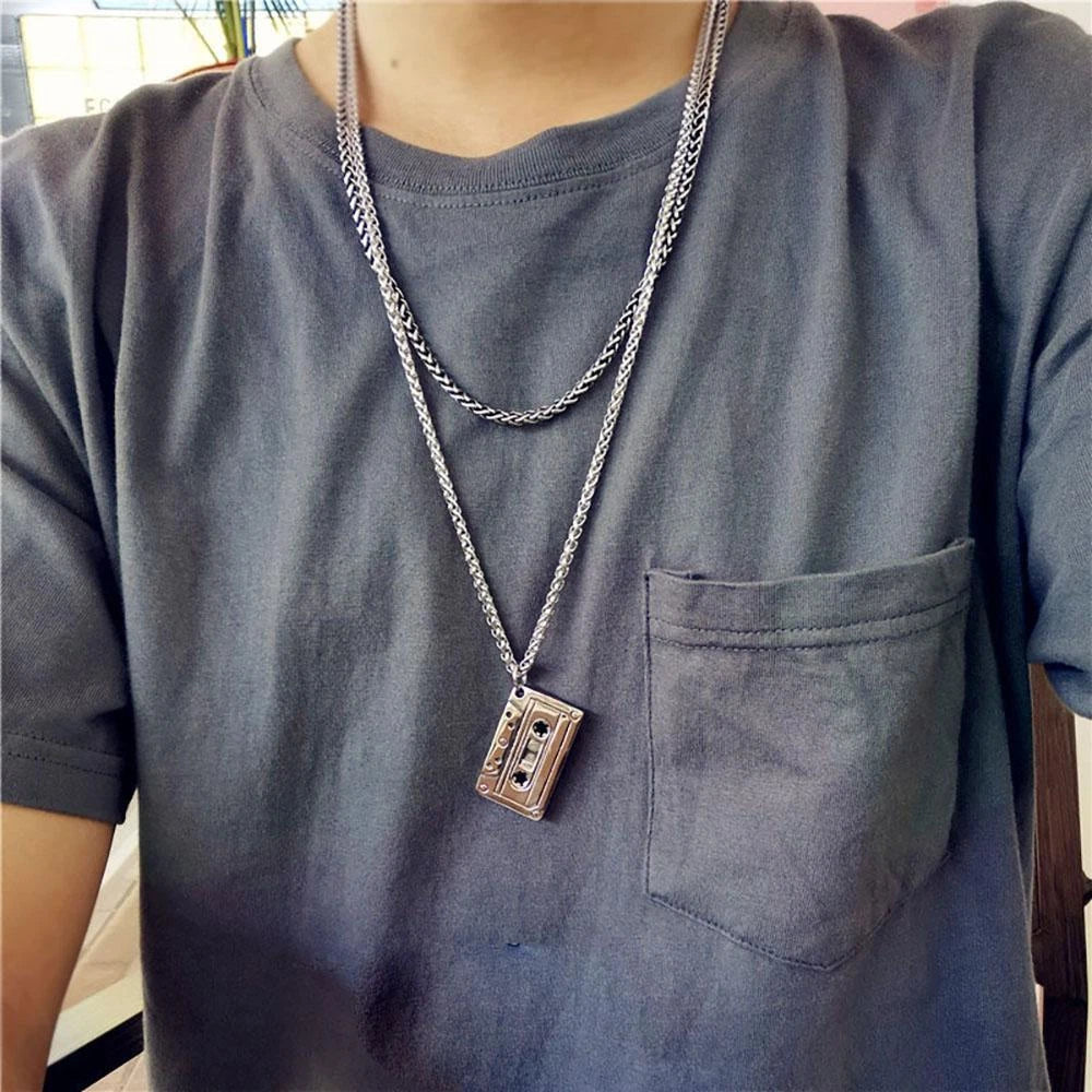 Retro Cassette Tape Necklace Stainless Steel Pendant Chain Rock Jewelry Gift 23" 07FC0E-D4 - KOEEK