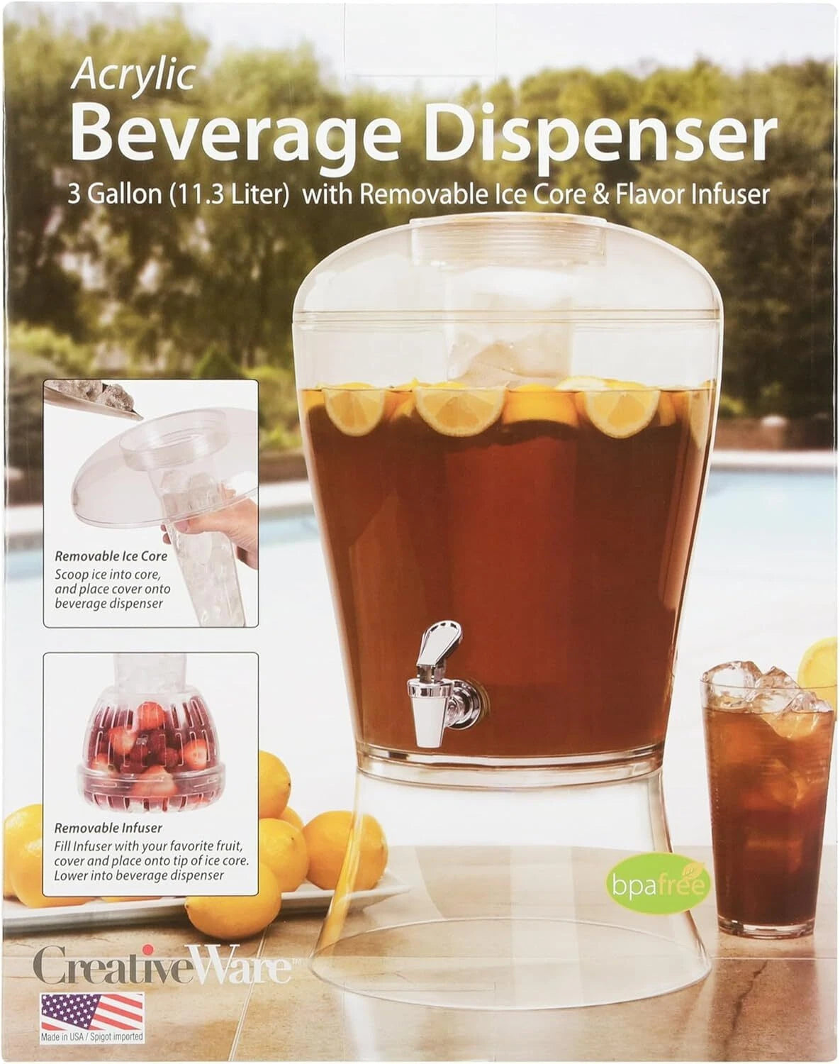 Beverage Dispenser with Ice Cylinder and Fruit Infuser, 3 Gallon, Clear 07FC0E-D4 - KOEEK