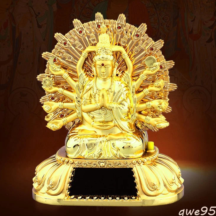 12cm Thousand-Hand Guanyin Alloy Solar Buddha Prayer Car Decor Supplies 07FC0E-D4 - KOEEK