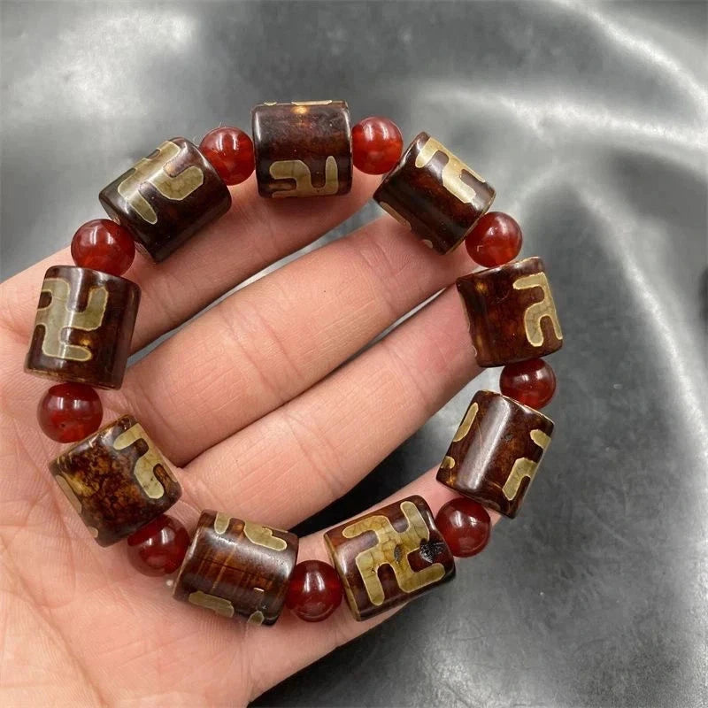 Tibetan Dzi Bead Bracelet Swastika Three Eye Agate Carnelian Unisex Prayer Beads 07FC0E-D4 - KOEEK