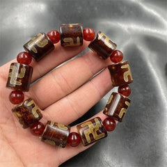Tibetan Dzi Bead Bracelet Swastika Three Eye Agate Carnelian Unisex Prayer Beads 07FC0E-D4 - KOEEK