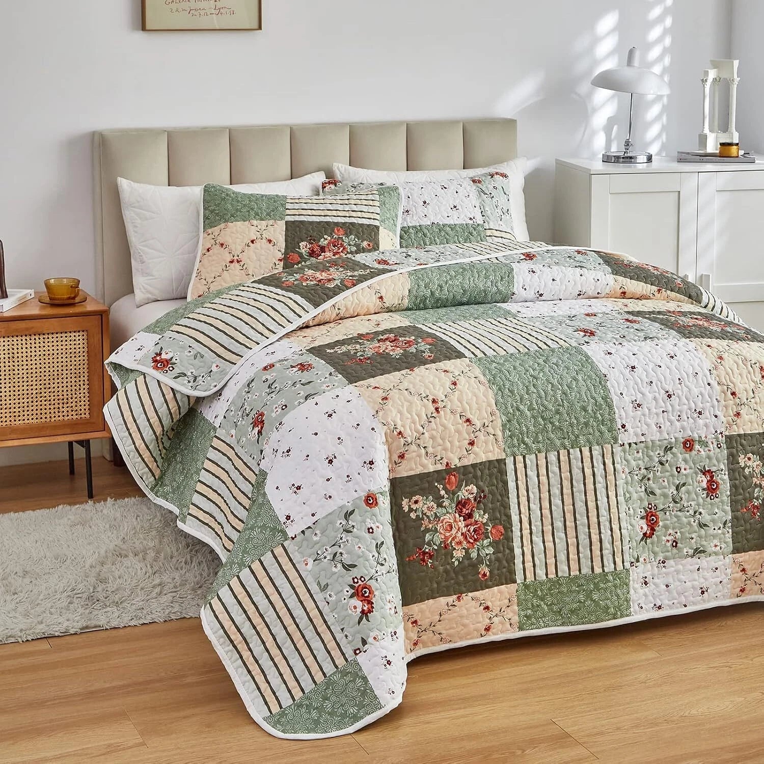 Patchwork Quilt Set Queen Size, 3 Pieces Green Floral Plaid Summer Coverlet Set 07FC0E-D4 - KOEEK