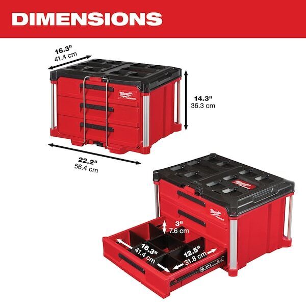 ny Milwaukee Tool 48-22-8443 Pakke med 3-skuffer verktøykasse, polymer, svart/rød, 22-1/4