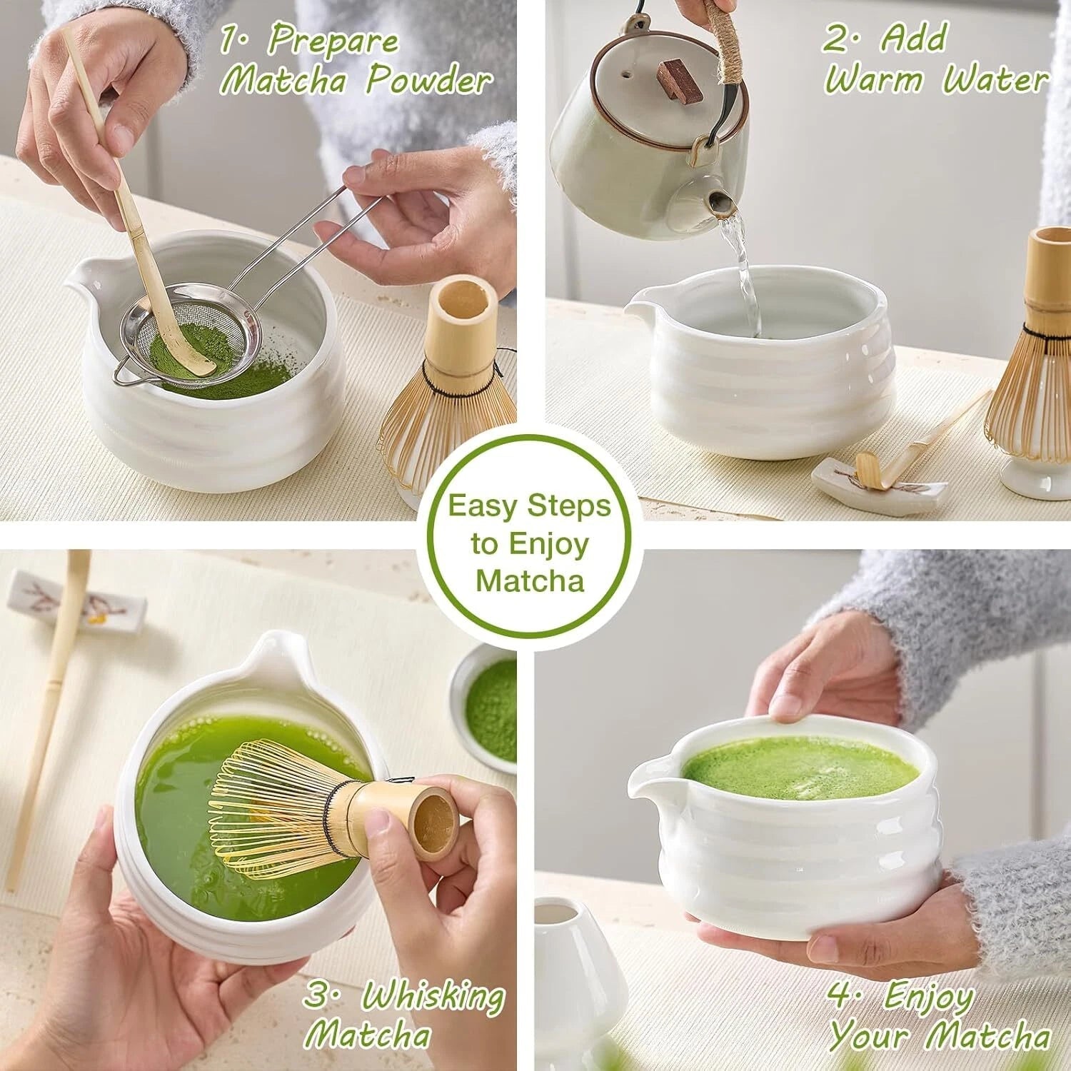 Matcha Whisk Set, Japanese Tea Set (5pcs) includes Matcha Bowl with Spout (19 oz 07FC0E-D4 - KOEEK