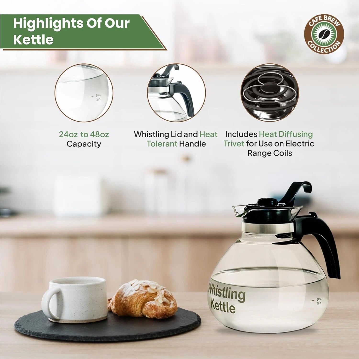Borosilicate Glass Stove Top Whistling Tea Kettle 12 Cup/48oz Capacity -BPA-Free 07FC0E-D4 - KOEEK