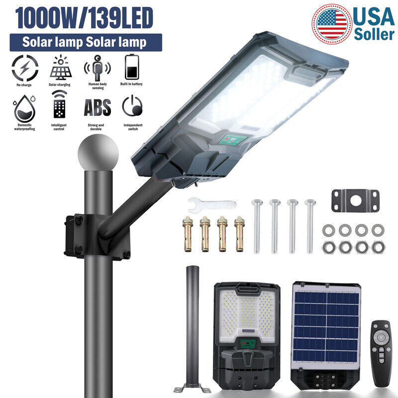 ny 2000W kommerciel Solar Street Flood Light Udendørs Dusk to Dawn vejlampe + stang