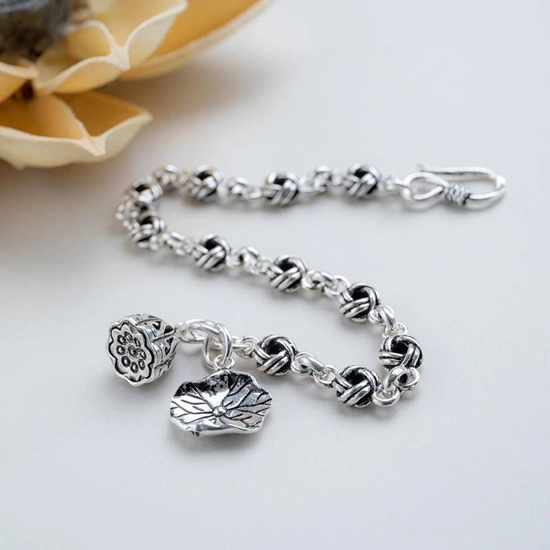 Lotus Leaf Pod Bracelet Fashion Vintage Silver Plated Bracelet for Women 07FC0E-D4 - KOEEK