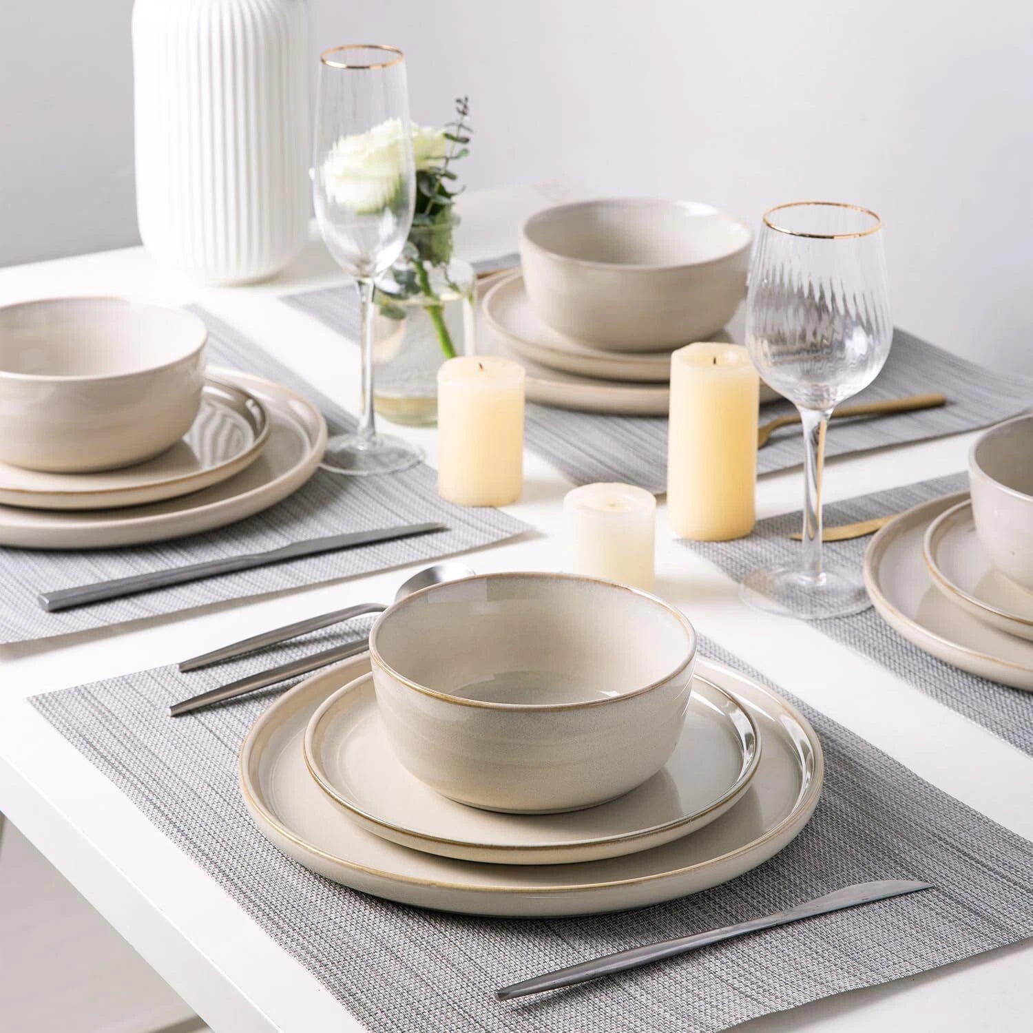 4 Person Stoare Dinnerware Set, Round Reactive Glaze Ceramic Set 07FC0E-D4 - KOEEK