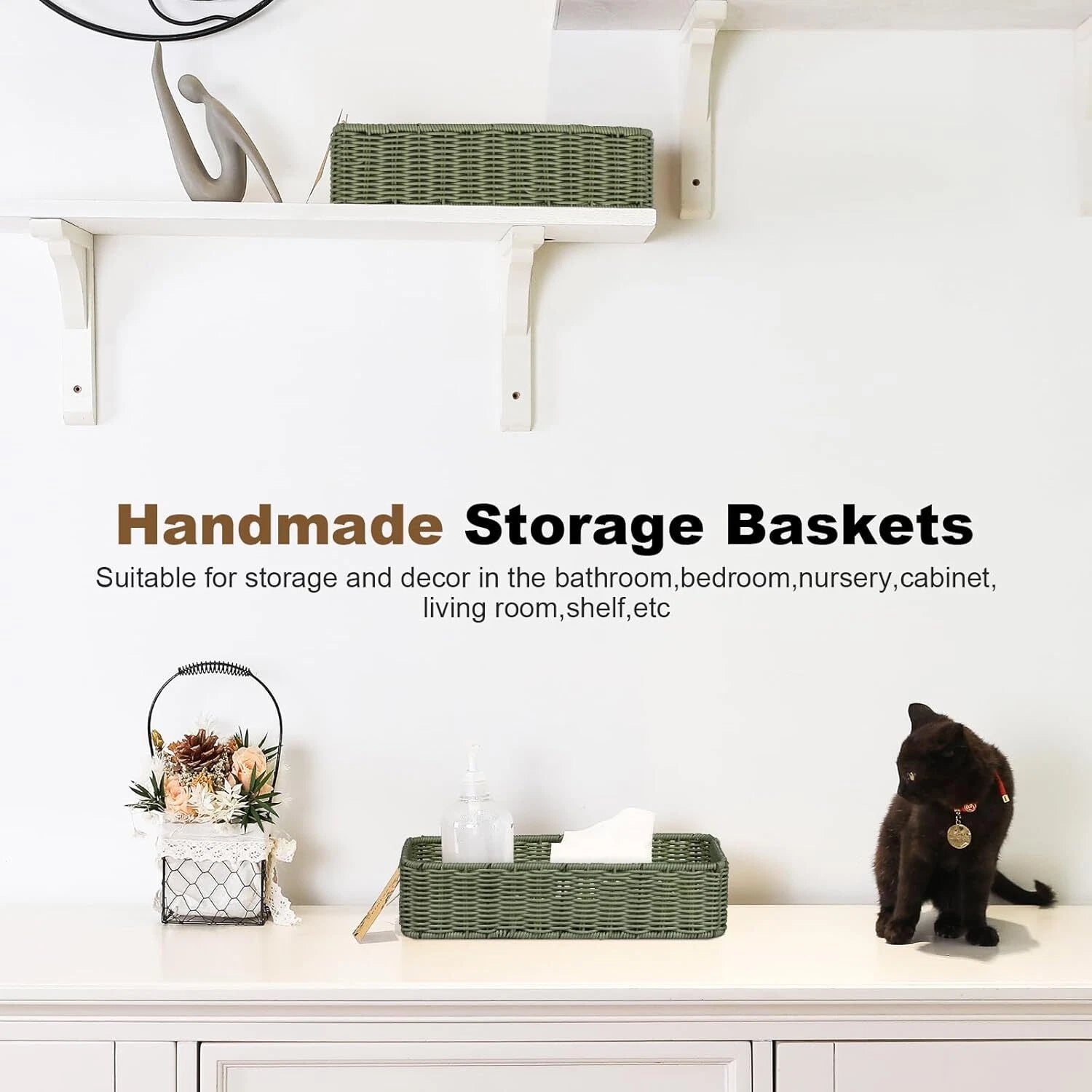 Storage Wicker Basket Decor: Green Decorative Storage Bin for Countertop Shelves 07FC0E-D4 - KOEEK