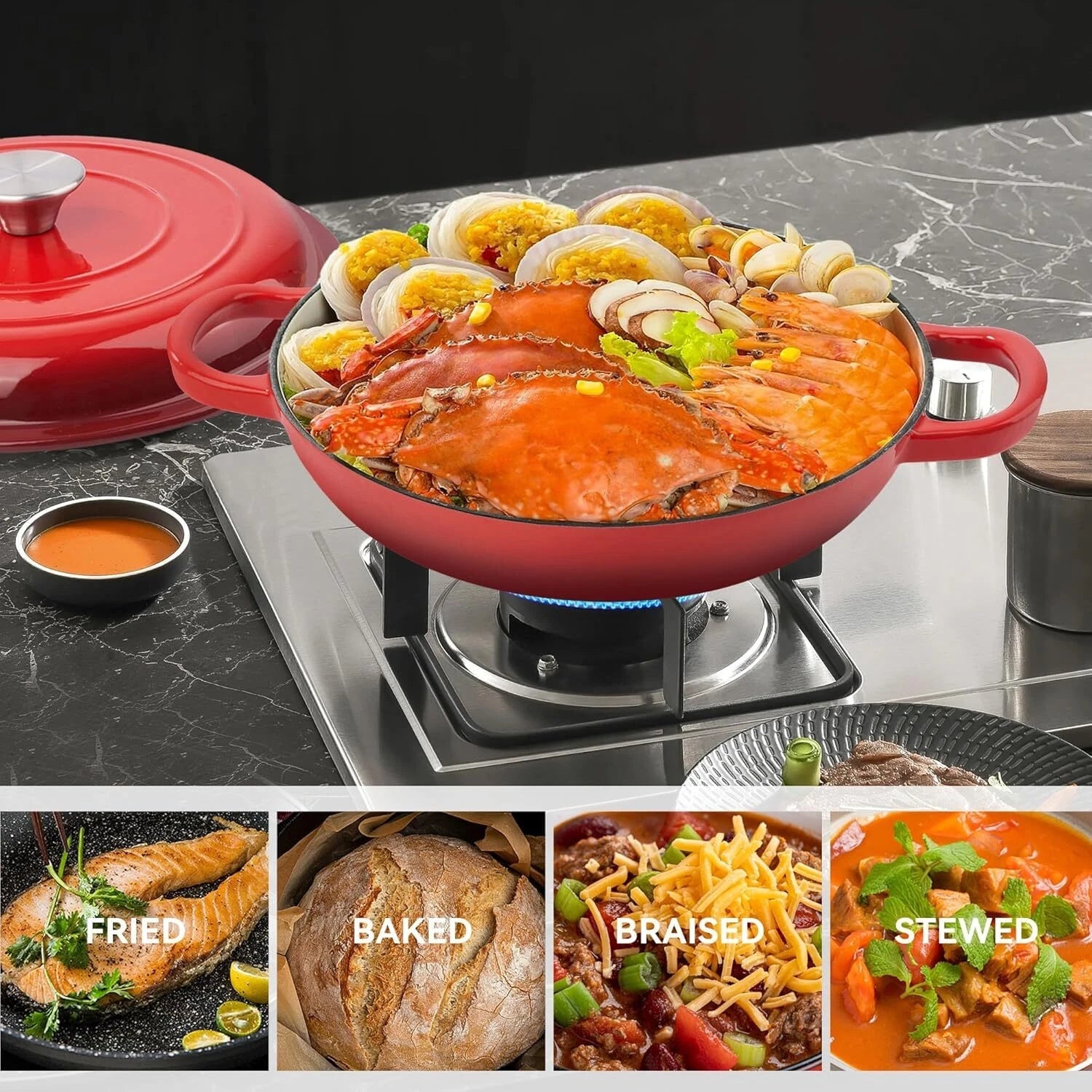 3-Quart Enameled Shallow Cast Iron Dutch Oven with Lid for All Stoves, Red 07FC0E-D4 - KOEEK