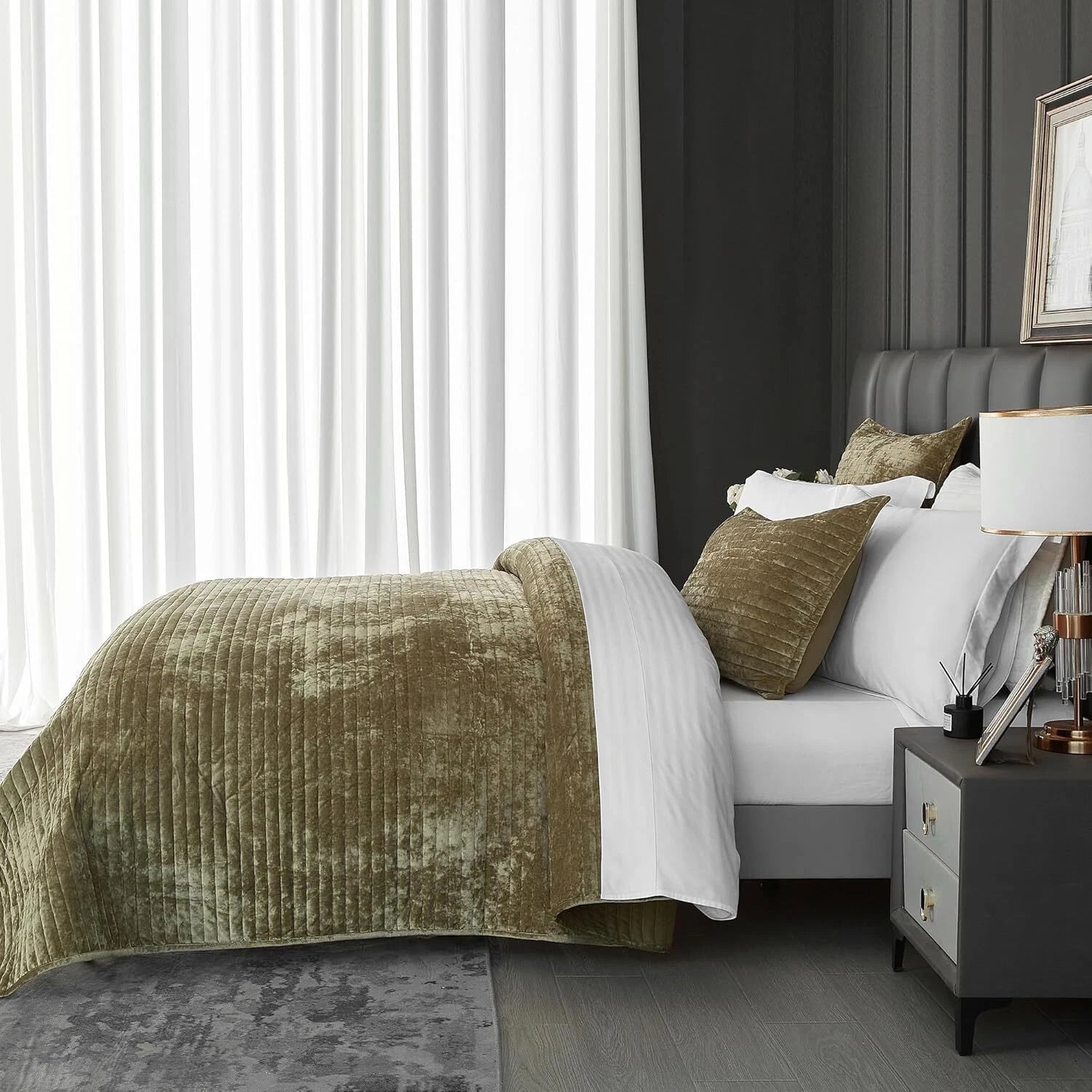 Velvet Quilt Queen Size Luxurious Velvet Coverlet Olive Green Bedding Striped 07FC0E-D4 - KOEEK
