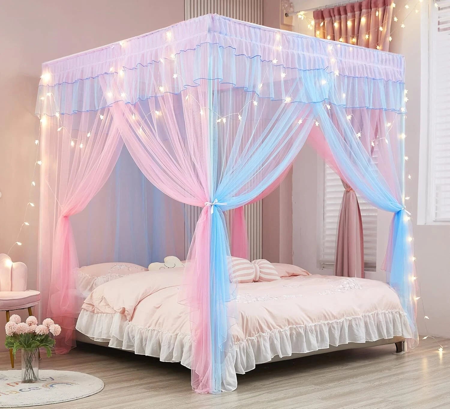 Rainbow Canopy Bed Curtains with Lights - Princess Bed Canopy for Girls 07FC0E-D4 - KOEEK
