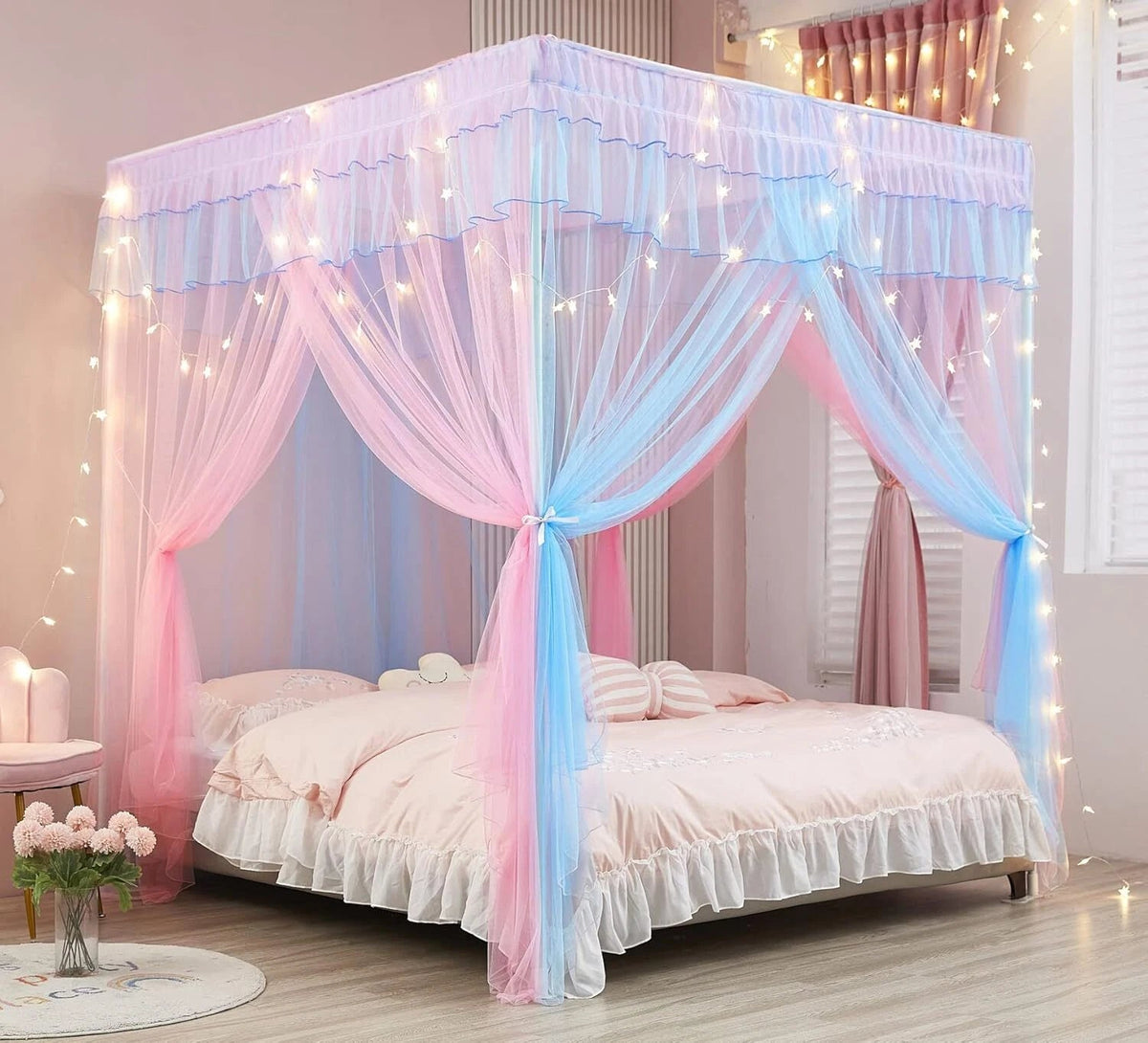 Rainbow Canopy Bed Curtains with Lights - Princess Bed Canopy for Girls 07FC0E-D4 - KOEEK