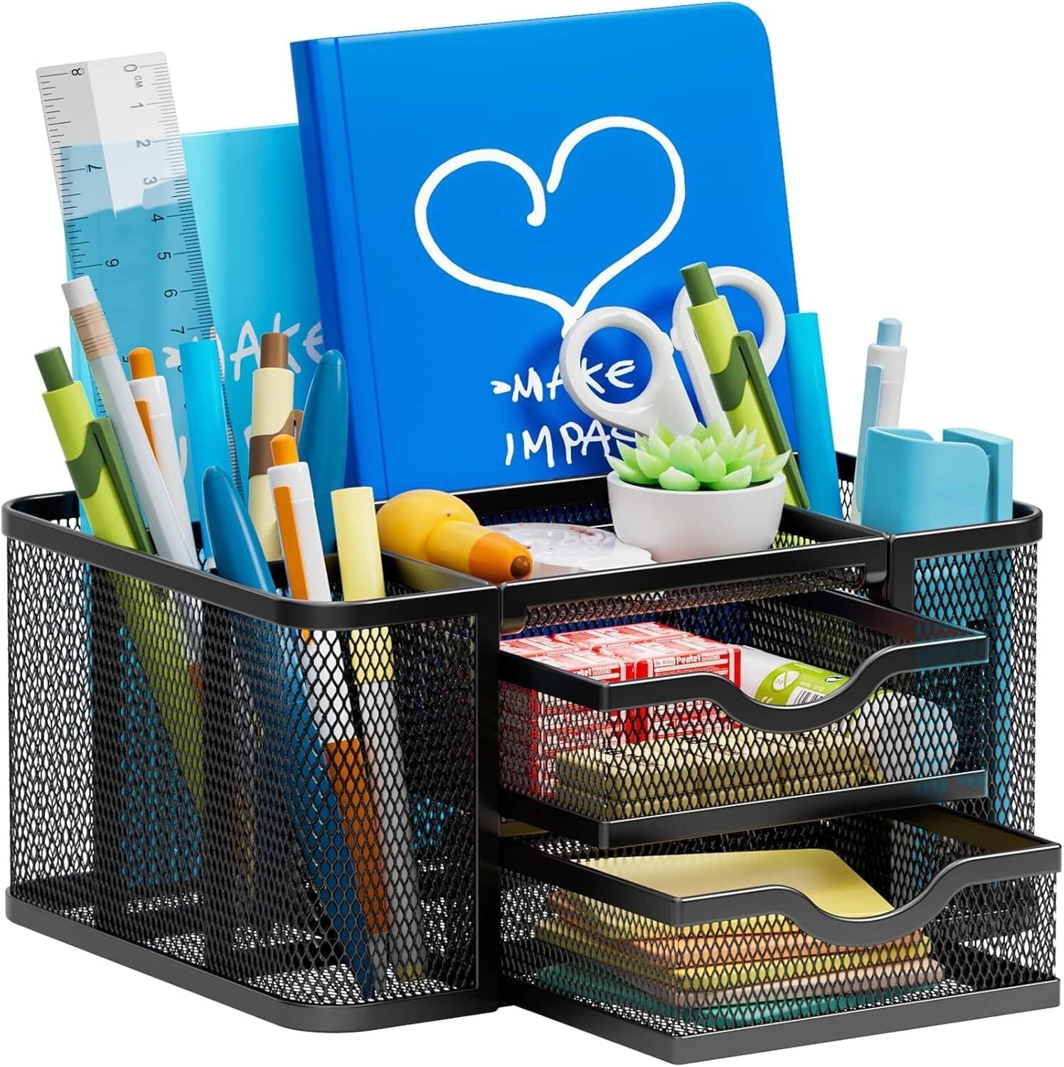 Mesh Desk Organizer, Pen Organizer with 2 Drawer, Multi-Functional Pencil Holder 07FC0E-D4 - KOEEK