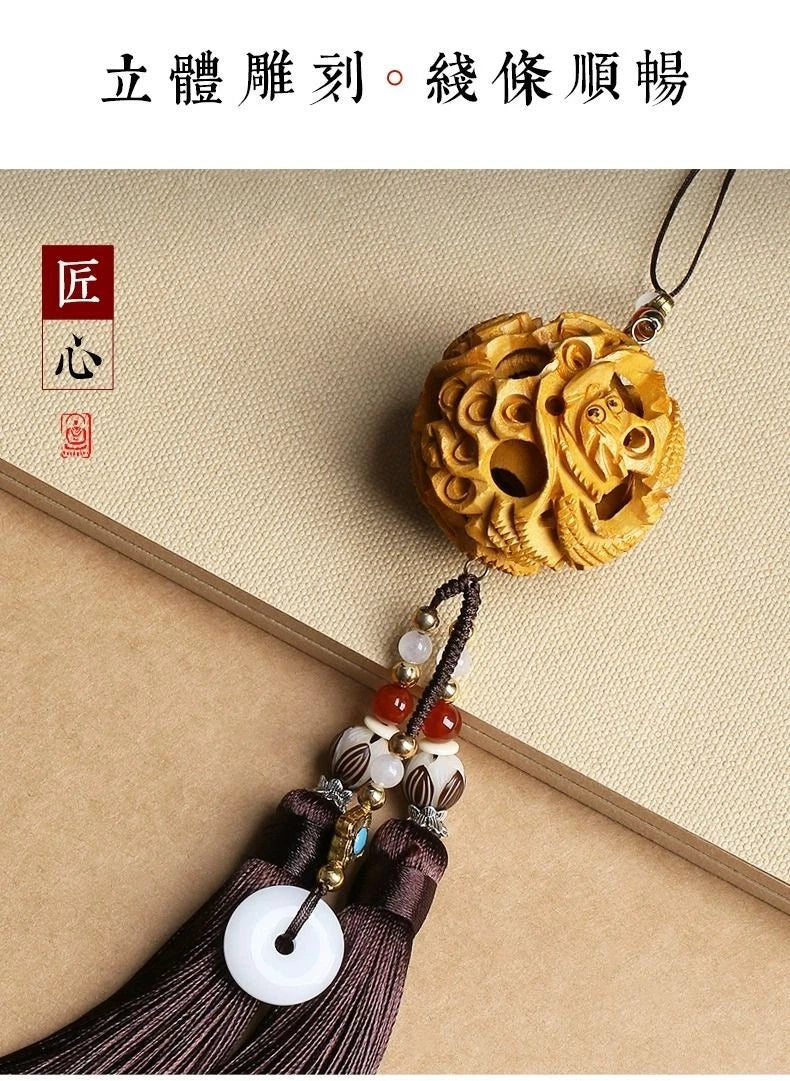 Peach Wood Dragon Car Pendant Hollow Ball Ornament Home Office Decoration 07FC0E-D4 - KOEEK