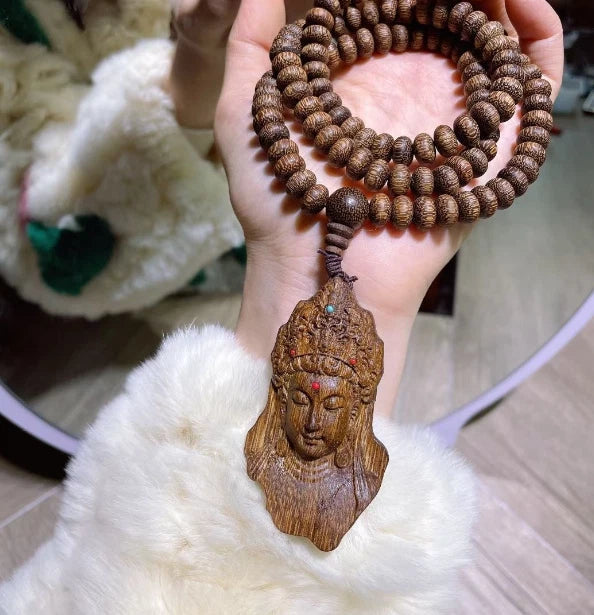 8mm*108 Natural Wood Prayer Beads Necklace KWAN-YIN Buddha Pendant Blessing 07FC0E-D4 - KOEEK