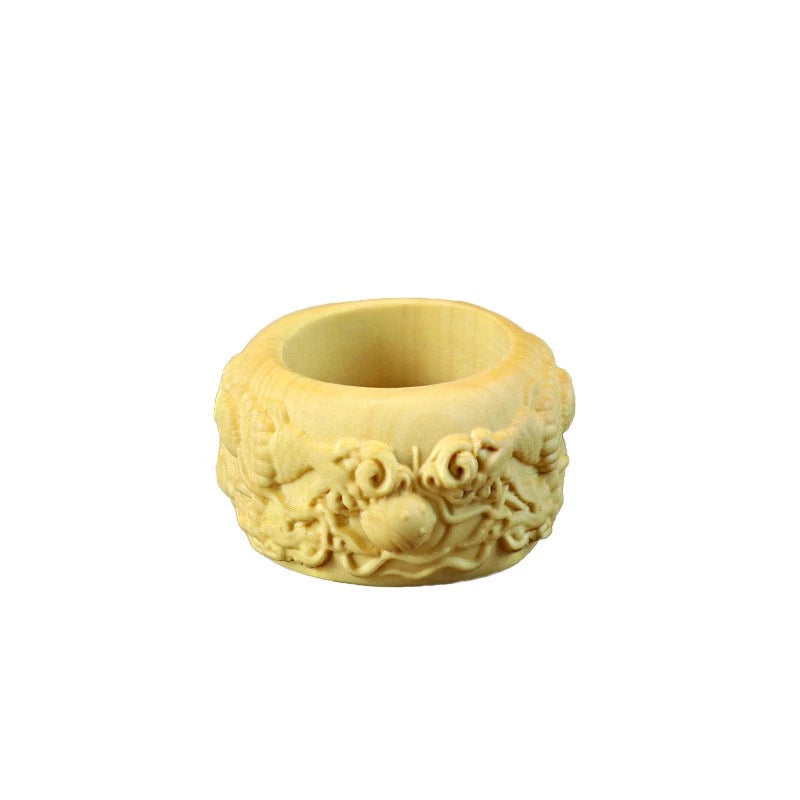 22MM Boxwood Dragon Ring Chinese Style Zodiac Wooden Finger Ring 07FC0E-D4 - KOEEK