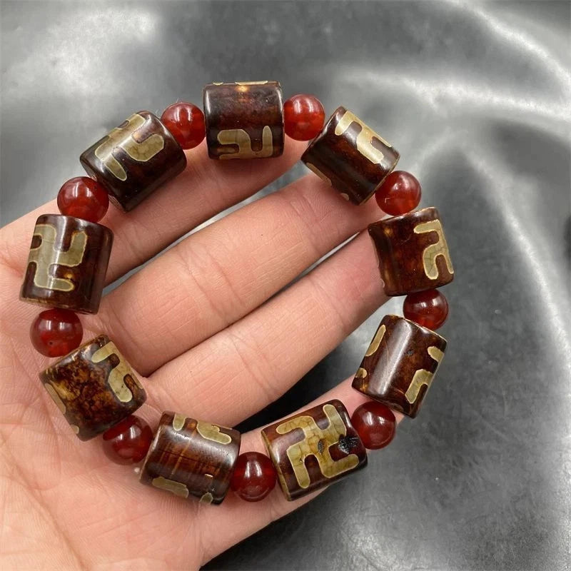 Tibetan Dzi Bead Bracelet Swastika Three Eye Agate Carnelian Unisex Prayer Beads 07FC0E-D4 - KOEEK