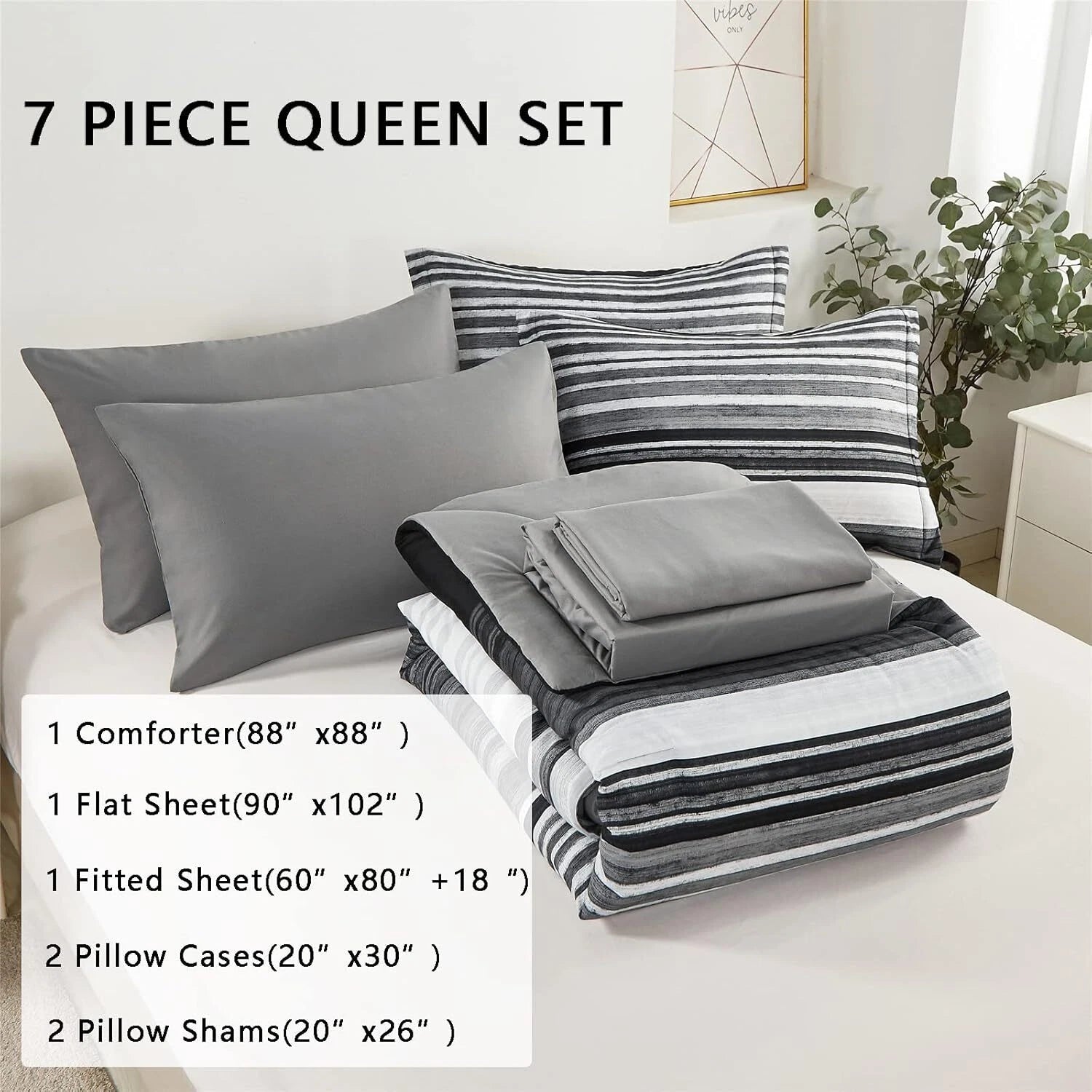 7-Piece Bagged Striped Queen Comforter Set, All Seasons (Gray, Queen) 07FC0E-D4 - KOEEK