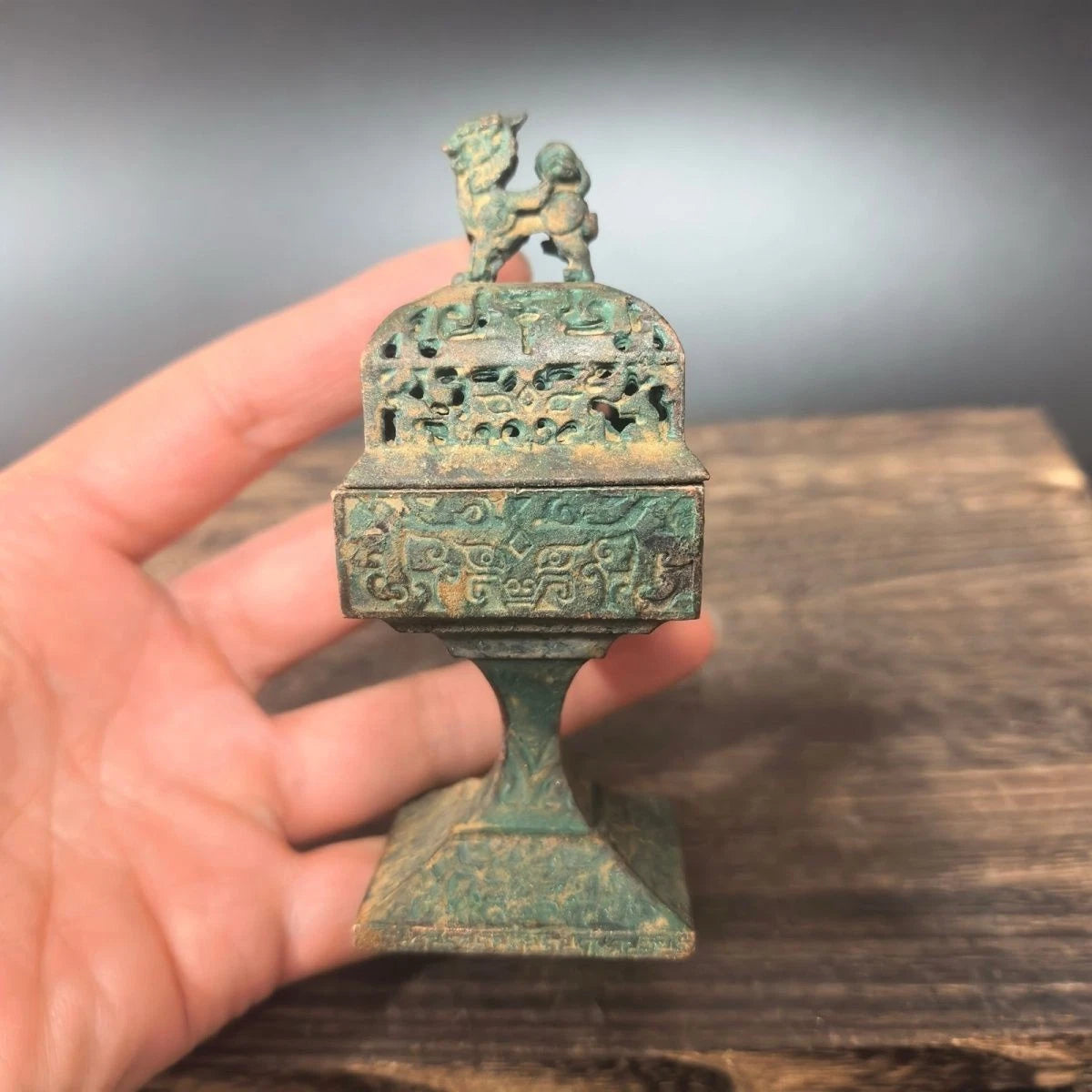 Vintage Finish Alloy Incense Burner Square Pixiu Censer Home Aromatherapy 07FC0E-D4 - KOEEK