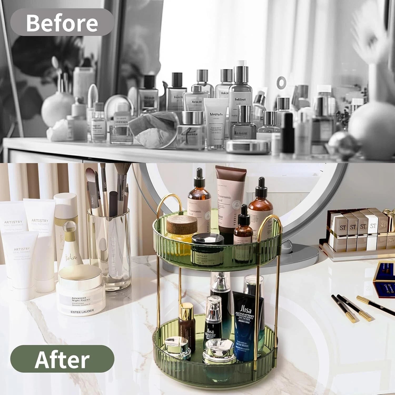 360 Rotating Makeup Organizer,2 Tier Large Capacity Cosmetics Organizers 07FC0E-D4 - KOEEK