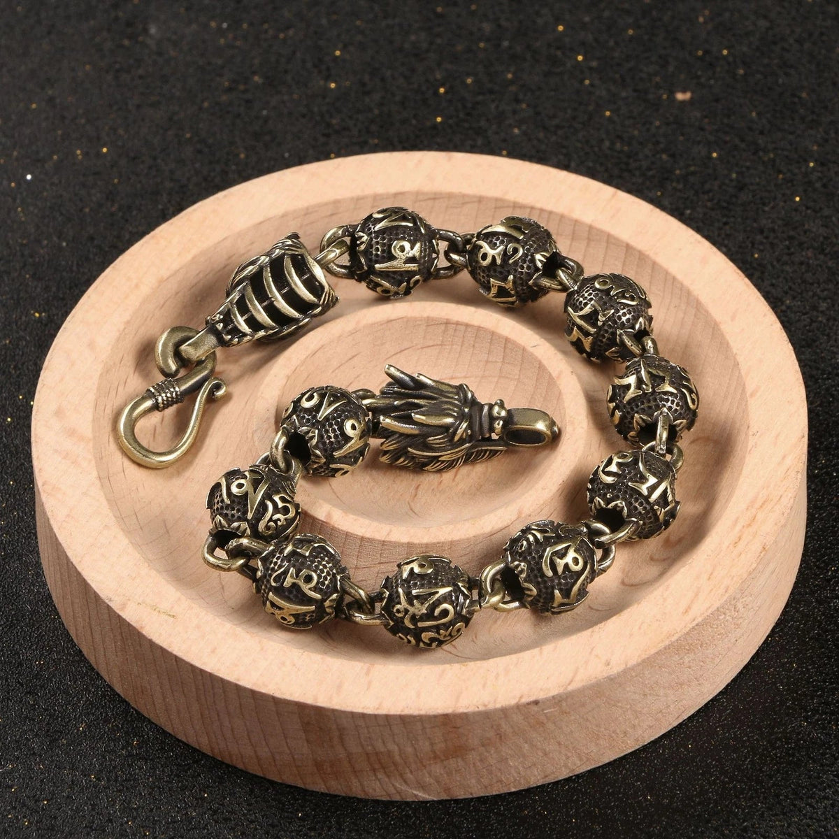 Six Word Mantra Bead Zodiac Dragon Bracelet Buddha Charm Aged Brass Jewelry 07FC0E-D4 - KOEEK