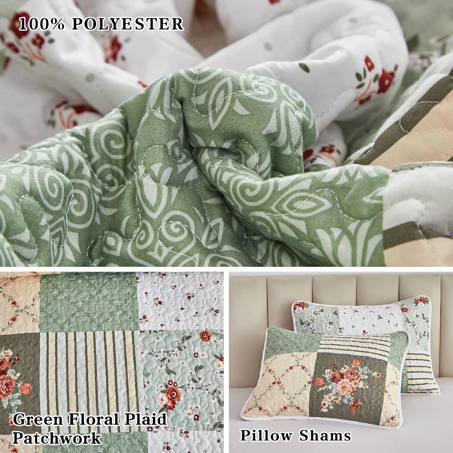 Patchwork Quilt Set Queen Size, 3 Pieces Green Floral Plaid Summer Coverlet Set 07FC0E-D4 - KOEEK