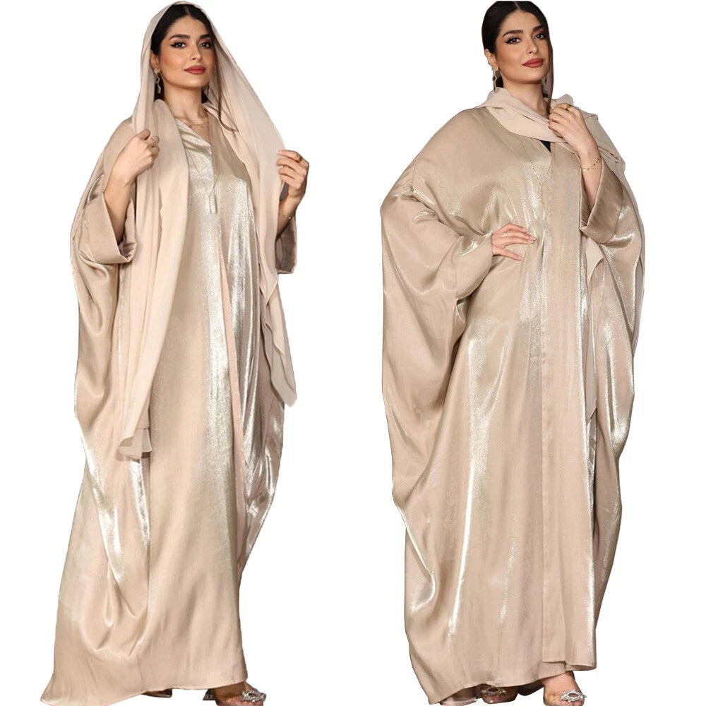 Dubai Women Muslim Batwing Sleeve Satin Open Abaya Cardigan Dress Dress Turkey 07FC0E-D4 - KOEEK