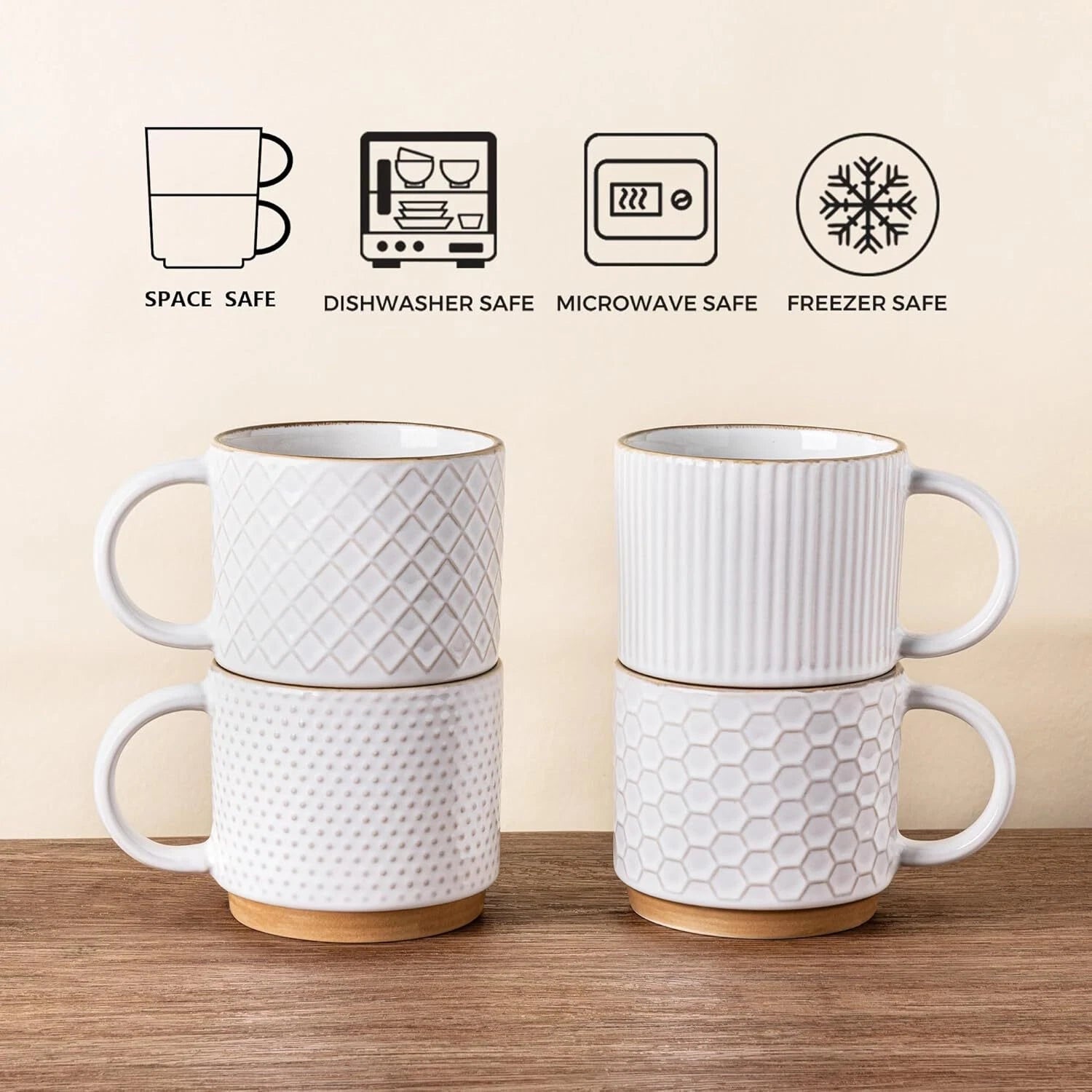 12OZ Stackable Coffee Mugs, Ceramic Coffee Mugs with Texture Patterns 07FC0E-D4 - KOEEK