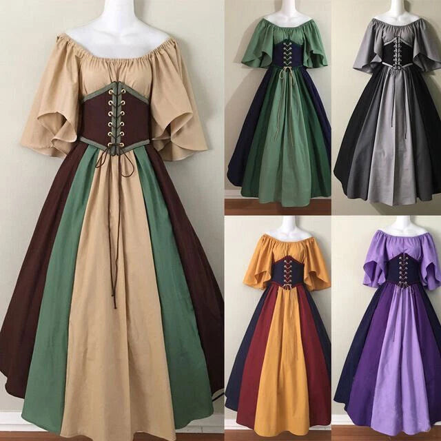 Medieval Retro Clothing Women Dresses Contrasting Colors Dresses Costume Party 07FC0E-D4 - KOEEK