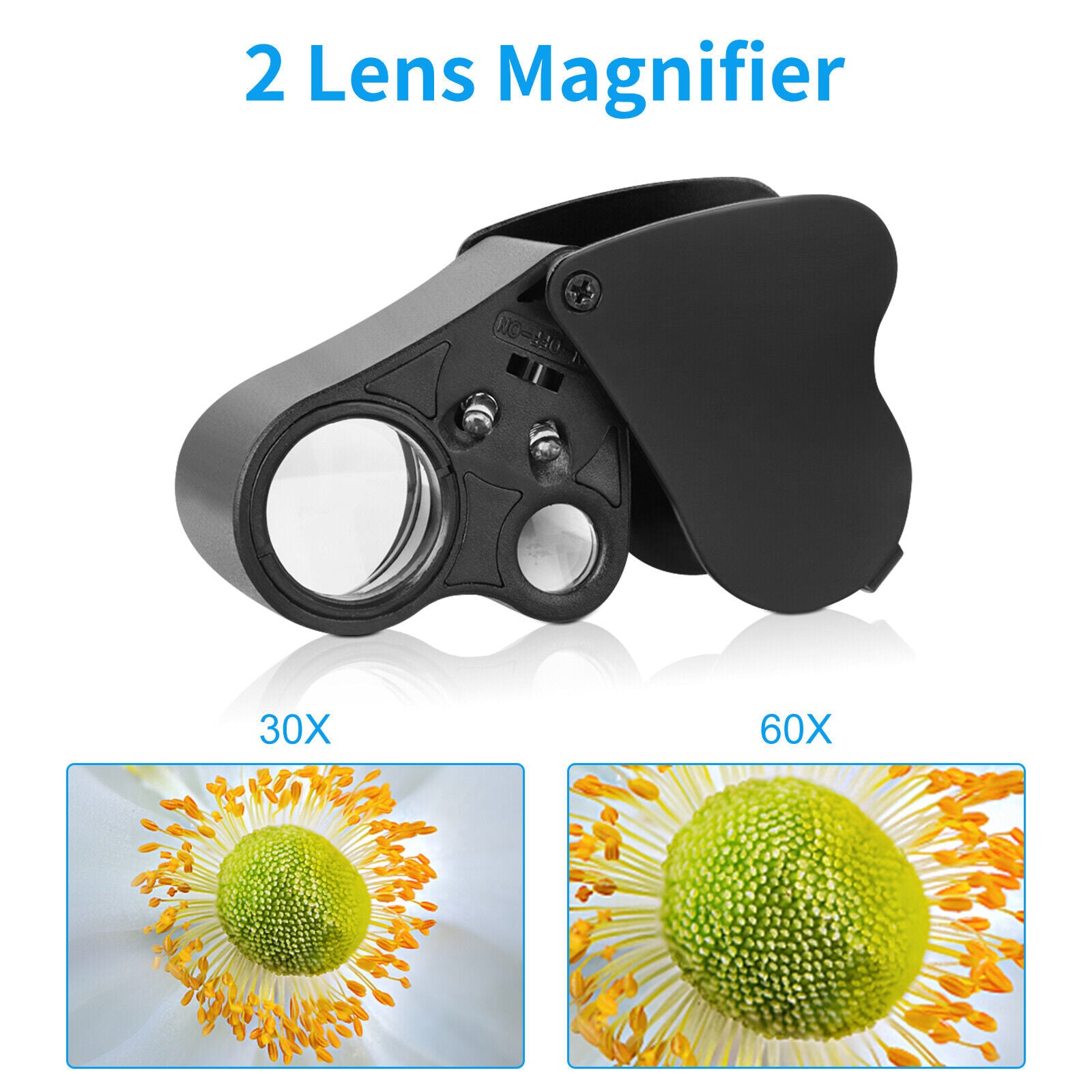 2x Pocket 30X 60X 90X Jewelry Magnifier Magnifying Loop Eye Glass with LED Light koeek - KOEEK