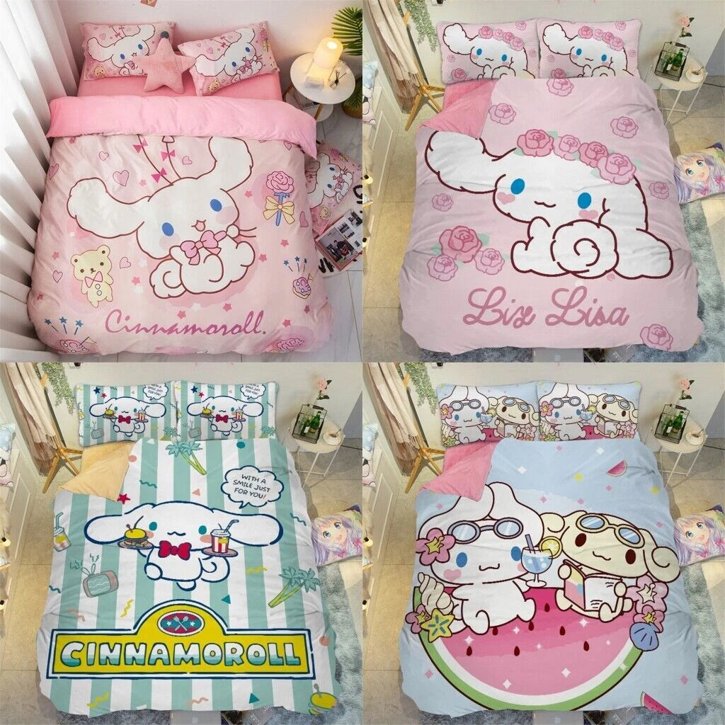 Cartoon Duvet Cinnamoroll Cover Bed Sheet Pillowcase Set for Twin Queen King Bed 07FC0E-D4 - KOEEK