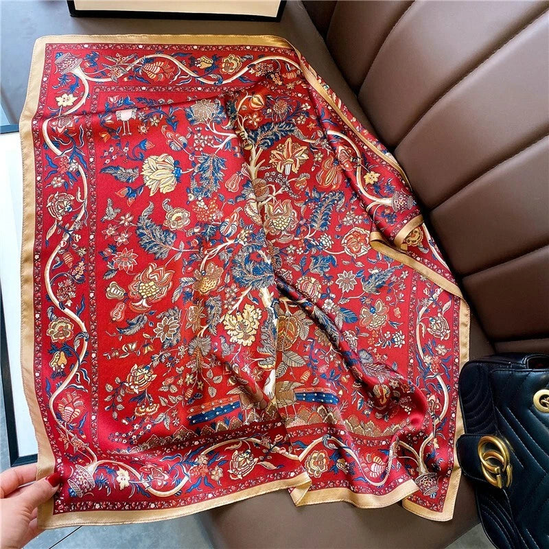 Mulberry Silk 27" Square Scarf Women Neckerchief Wrap Vintage Red Flower 07FC0E-D4 - KOEEK