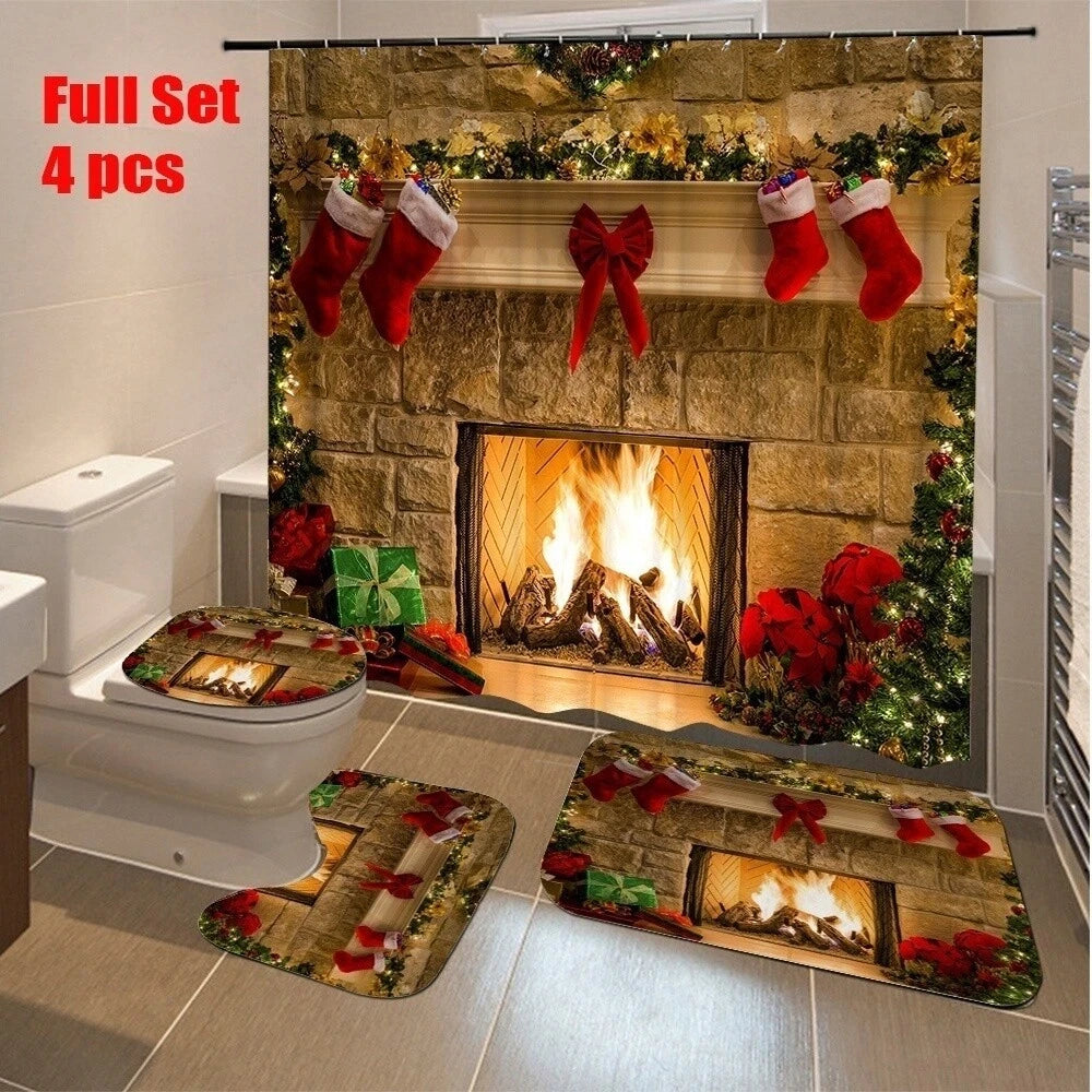 Chrismas Fireplace Shower Curtain Bath Rug Toilet Seat Cover Bathroom Set Decor 07FC0E-D4 - KOEEK