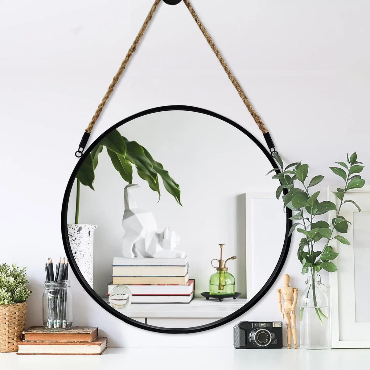 Round Hanging Mirror - Wall Mirrors Decorative 20" Rope Mirror Black Metal Frame