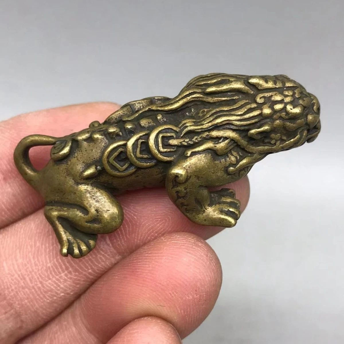 Vintage Solid Brass Qilin Mini Desktop Feng Shui Ornament  Beast 07FC0E-D4 - KOEEK