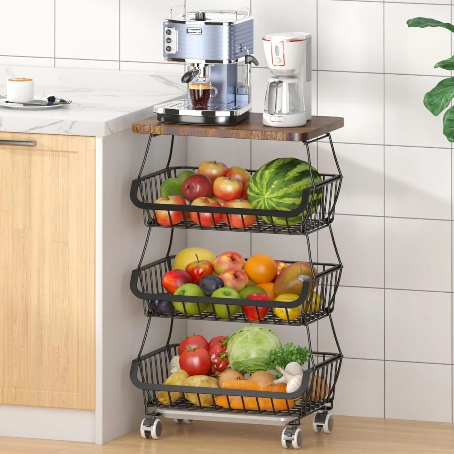 Kitchen Fruit Basket with Wooden Lid, 4 Tier Stackable Wire Storage Basket 07FC0E-D4 - KOEEK