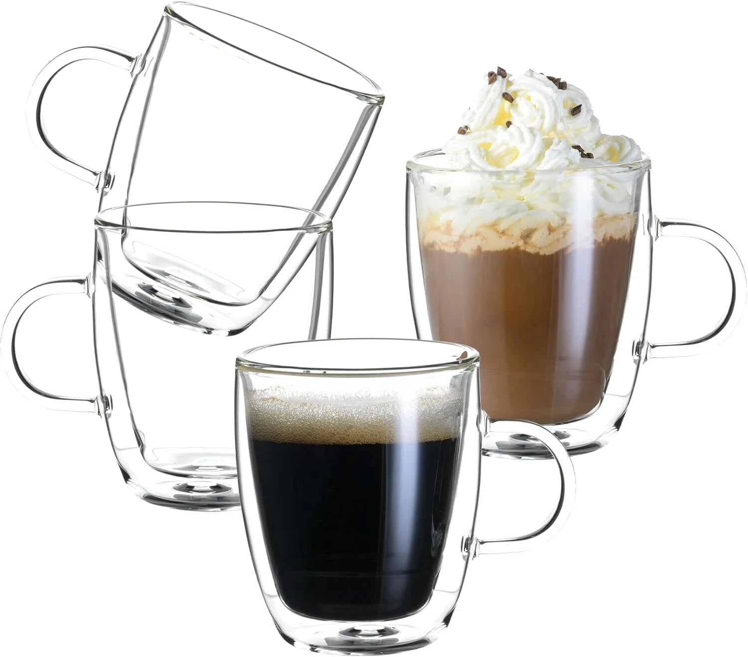 Double Wall Insulated Glass Coffee Mugs set of 4-13.5 oz Clear Hand Blown Glass 07FC0E-D4 - KOEEK