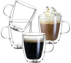 Double Wall Insulated Glass Coffee Mugs set of 4-13.5 oz Clear Hand Blown Glass 07FC0E-D4 - KOEEK