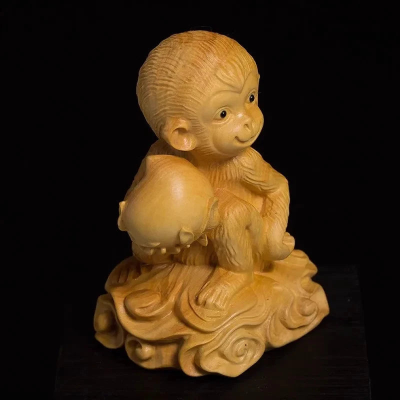 9cm Exquisitely Boxwood Handcarved Cute Monkey Holding Peach Tea Pet Ornament 07FC0E-D4 - KOEEK