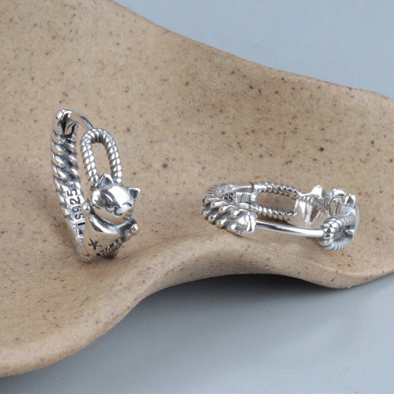 Solid 925 Sterling Silver Rich Cat Lovely Hoop Earrings 14mm Hoop 07FC0E-D4 - KOEEK